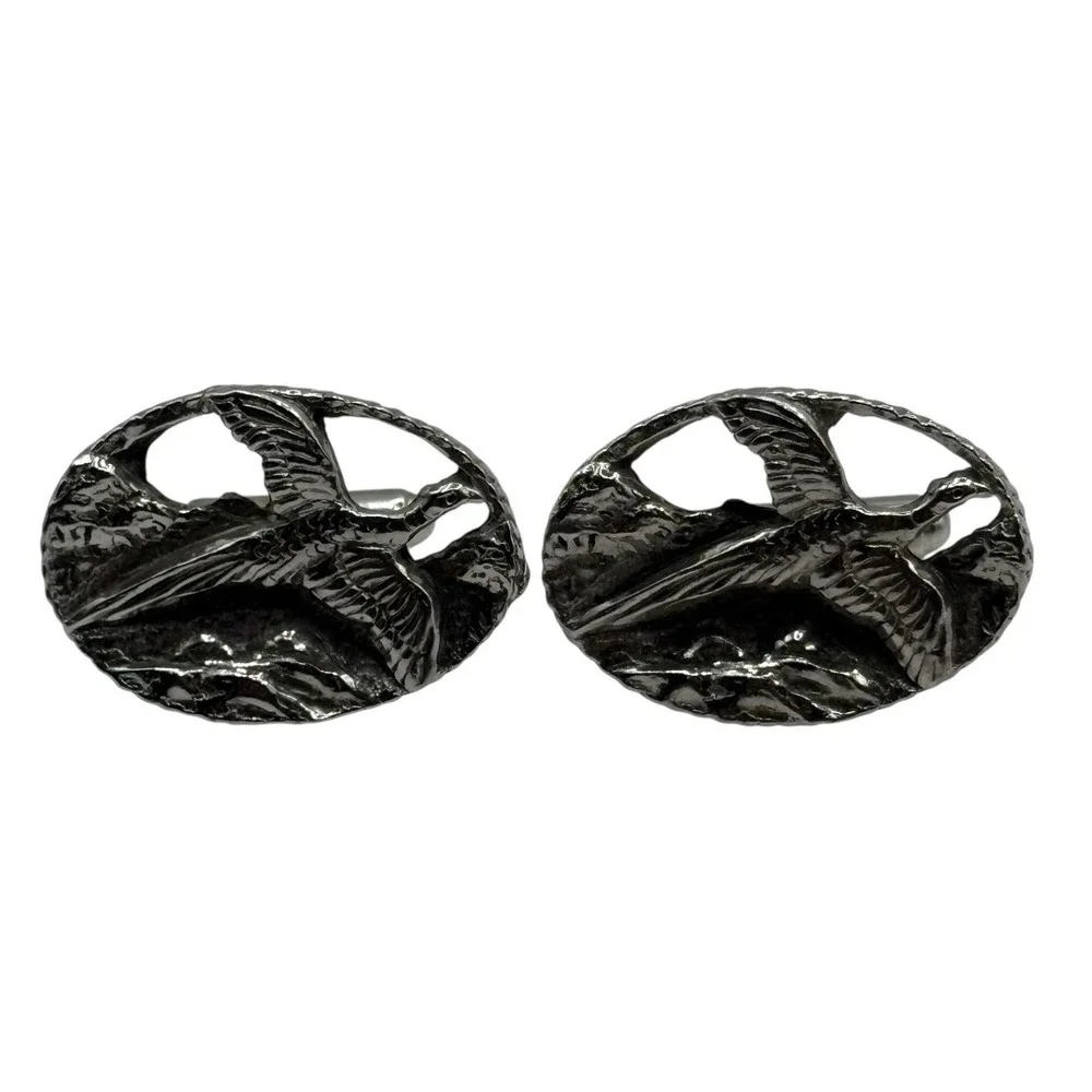 Bird Pheasant In‎ Flight Cufflinks Silver Tone Hunting Oval Open Work Nature